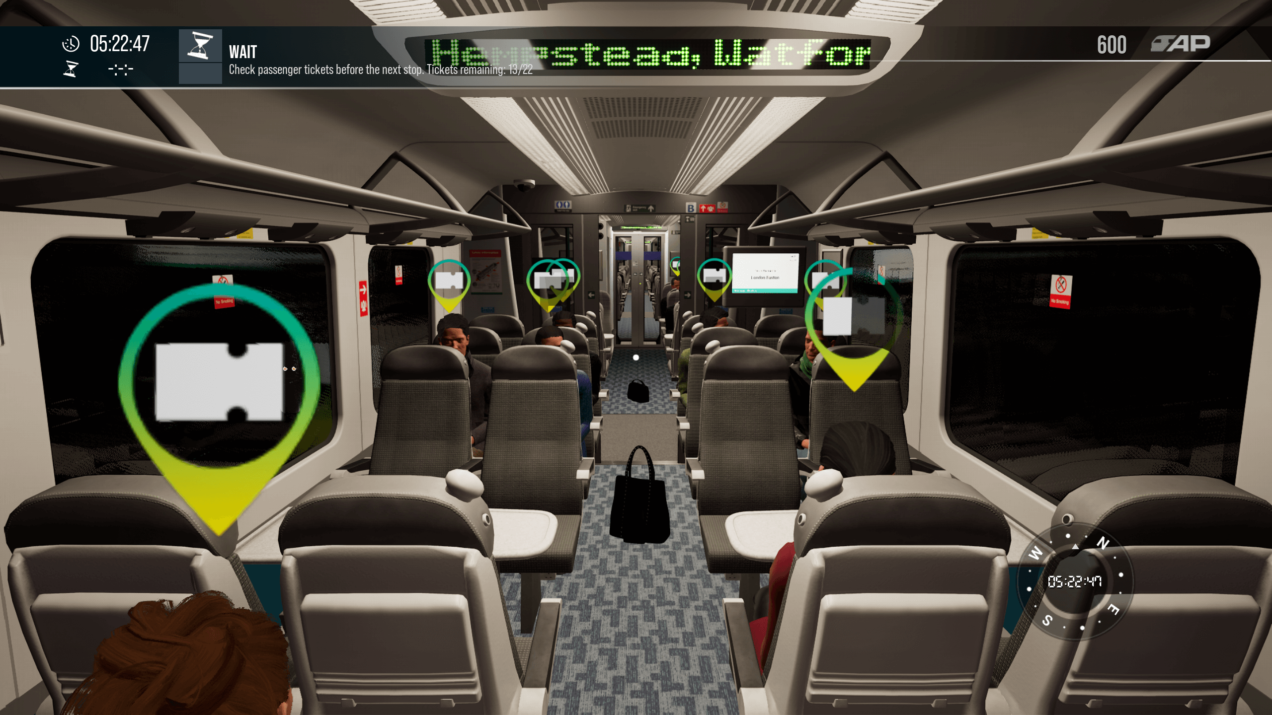 screenshot from train sim world 5 showing the conductor mode and the indicators of whos tickets you need to check. 