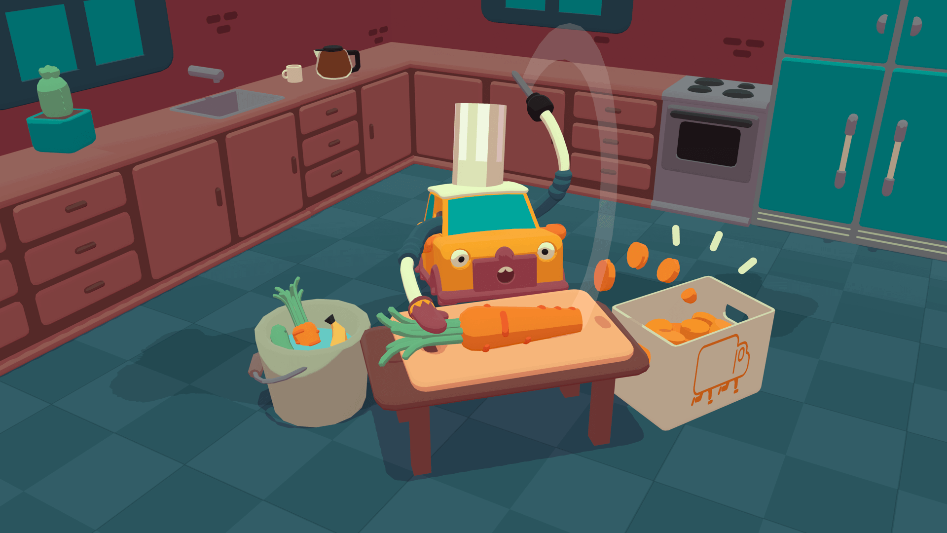 A screenshot of the game What The Car, taken from the press kit. You can see the yellow car in a small, brown kitchen, chopping up a carrot. He is wearing a little chef hat.