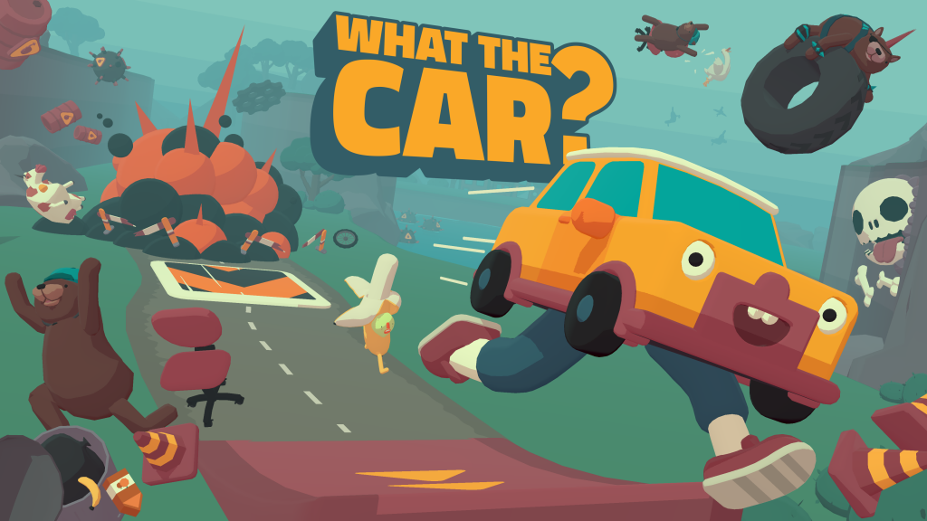 The key art for the game What The Car?. It shows a yellow car with legs and in the back is a chaotic scene of a race track with explosions and animals running.