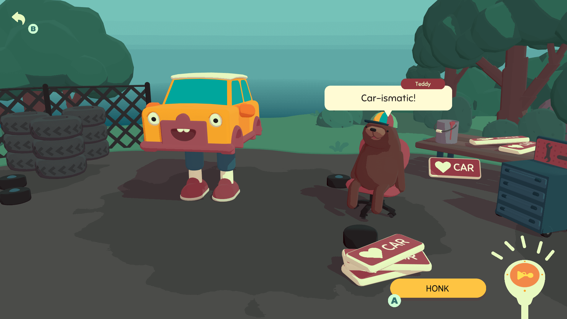 A screenshot of the game What The Car. You can see the yellow car with legs stood next to a beat named Teddy, sitting on an office chair saying "car-ismatic".