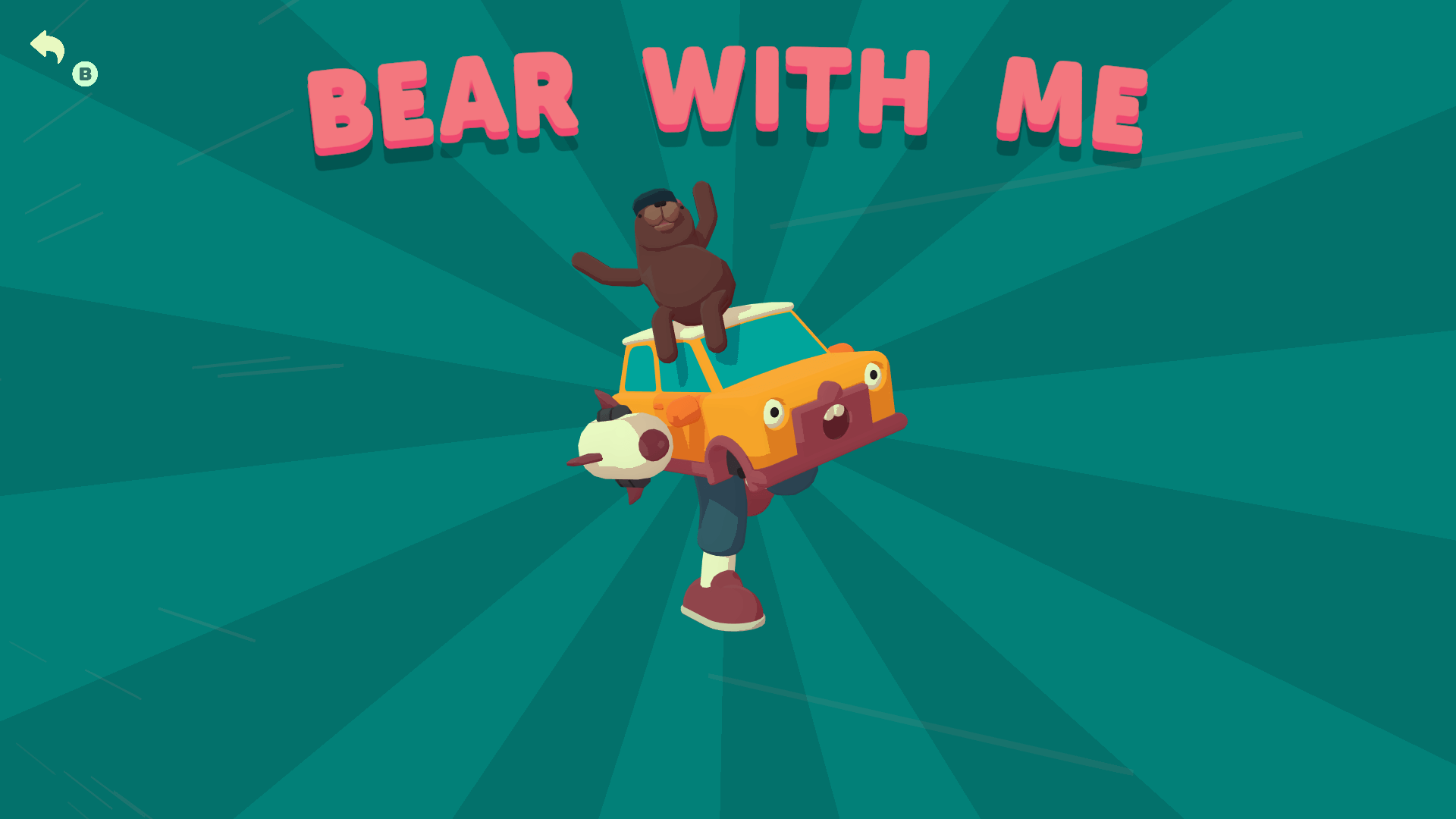 A screenshot of the game What The Car?. You can see the yellow ar with legs and a bear sat on top of the roof. There is a pun phrase above that says Bear With Me,