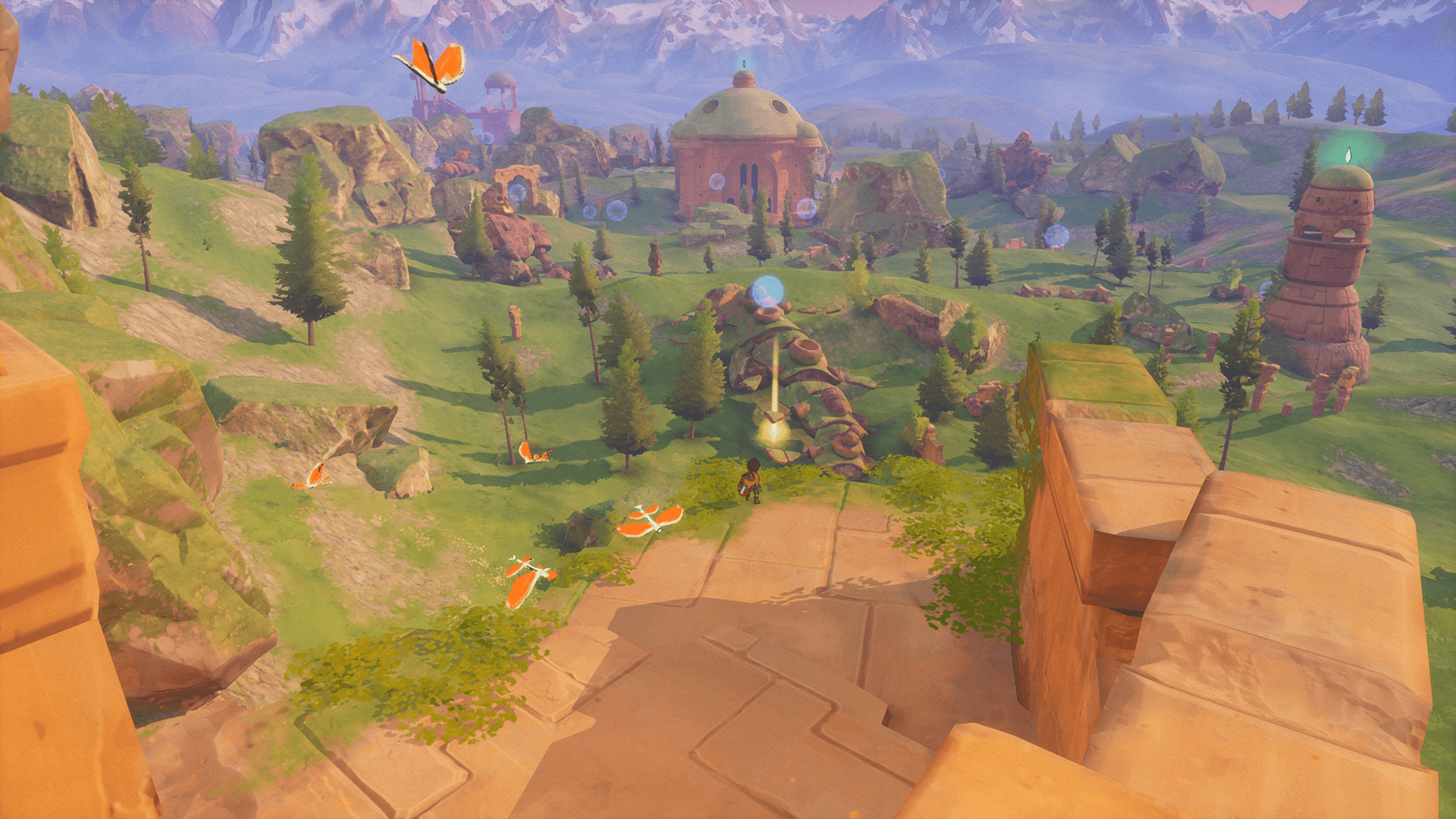 screenshot from europa showing the environment and graphics you would expect during europa. the lush green environment with the stonework buildings, please note the creatures flying in the foreground and a number of energy spheres where you can charge your zephyr jetpack