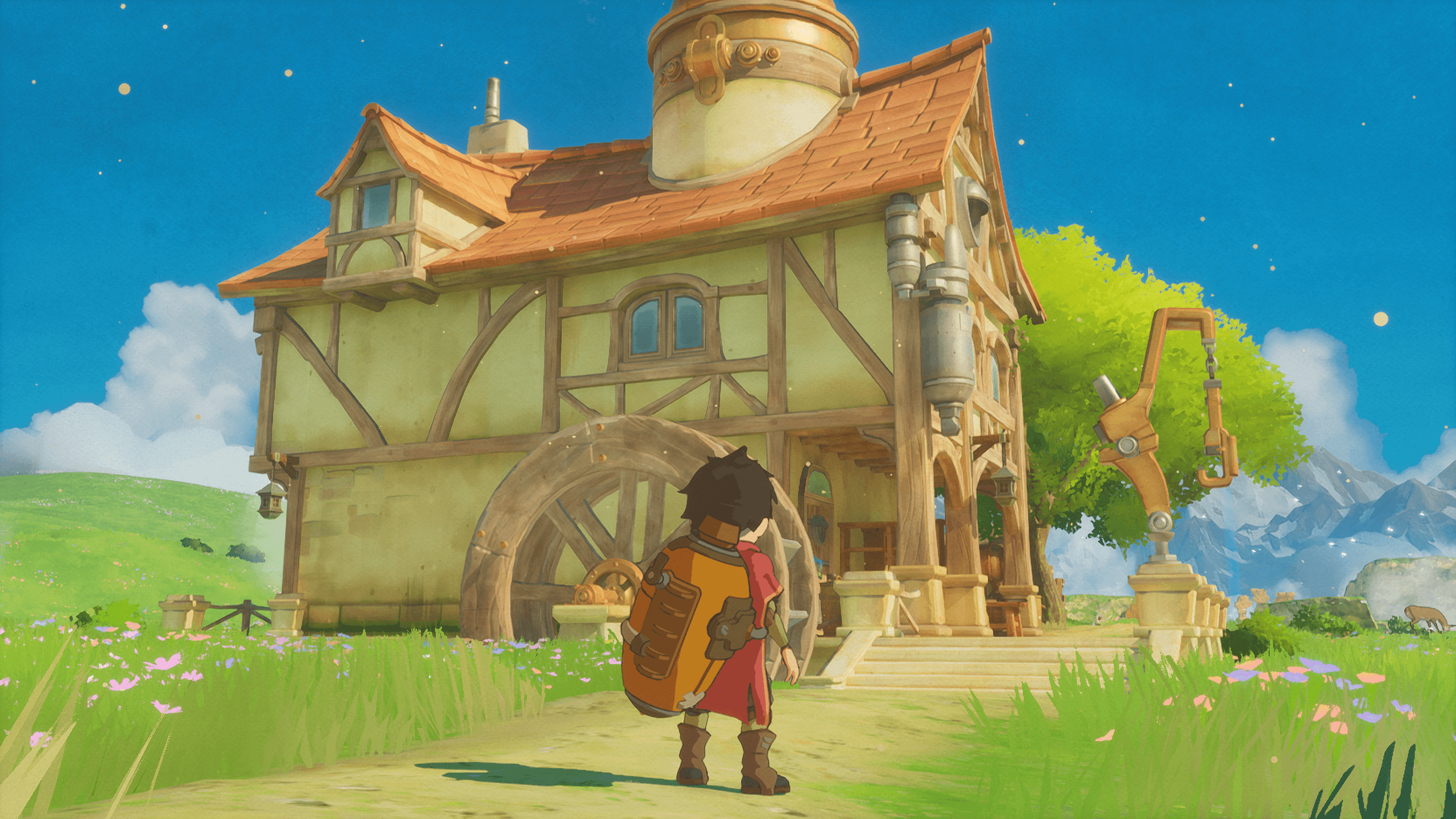screenshot of europa showing your character Zee stood in front of a house with a waterwheel