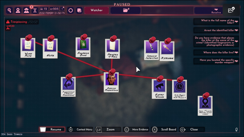A case board showing parts of the case connected