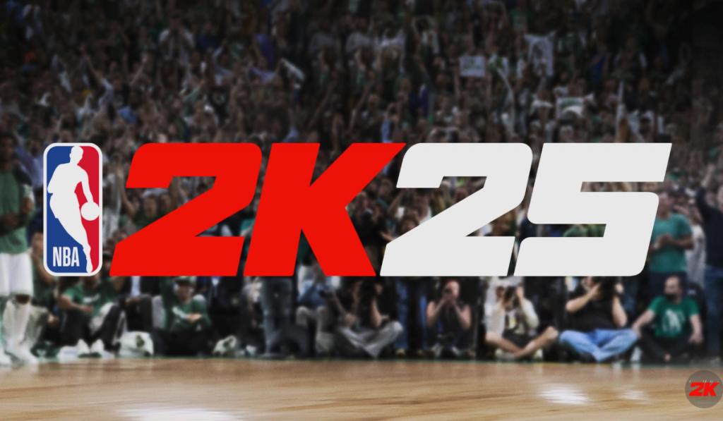 title of NBA 2K25 with a blurred background of courtside