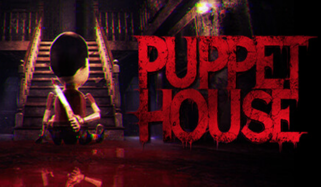 The feature image for the the game Puppet house. A puppet is shown with its back turned and supposedly hiding a knife. The background is the house the player will be looking around in. And the title is in a blood red coloured font.