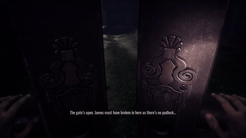 Rick is pushing open a gate then looking over to a house with a lit lantern just outside. The moon is very large providing the environment with natural lighting. 