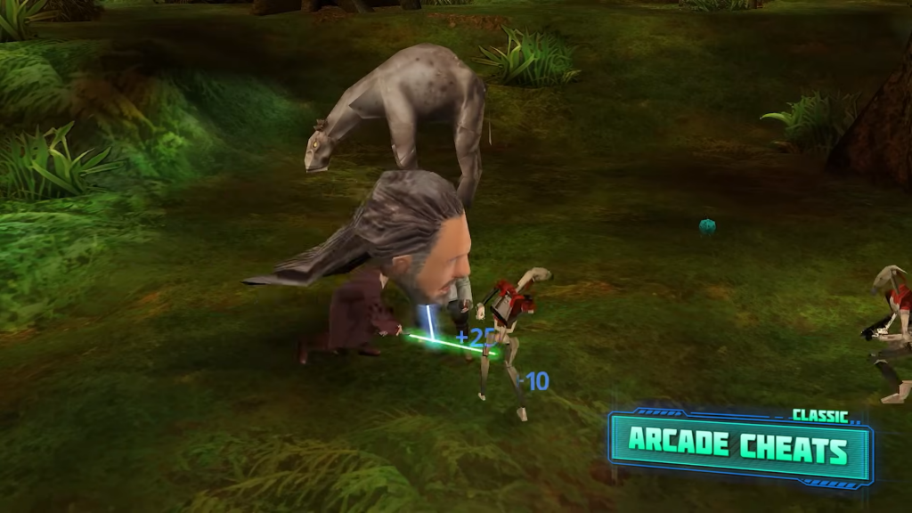 Screenshot from Jedi Power Battles showing character Qui-Gon Jinn in Big Head mode. His comically overly sized head makes him look like a bobblehead toy.