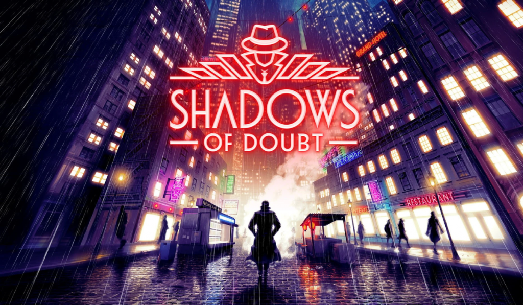 Official key art for the game Shadows of Doubt. A detective walking centred across a neon-lit city