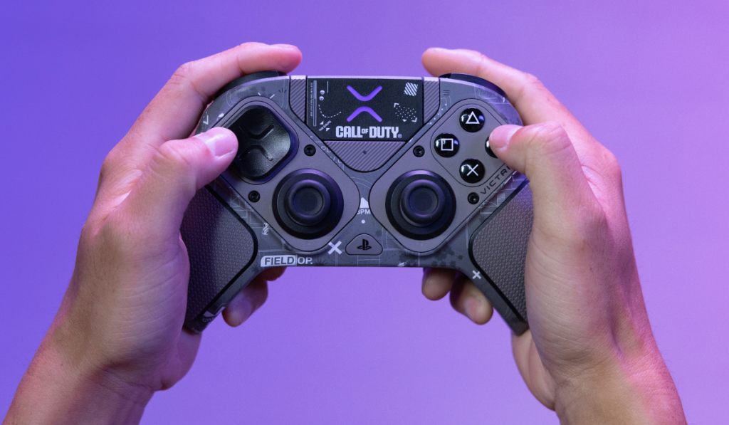 Official key art for the Victrix Pro BFG Wireless Controller: Call of Duty - Field Op edition. Image shows two hands holding a controller with a purple gradient background