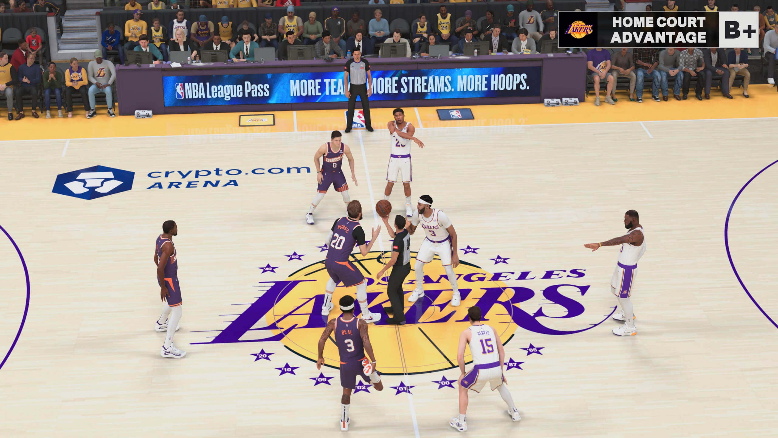screenshot from nba 2k25 at the beginning of the game it shows all the players around the middle with a number of courtside people and even the announcers.