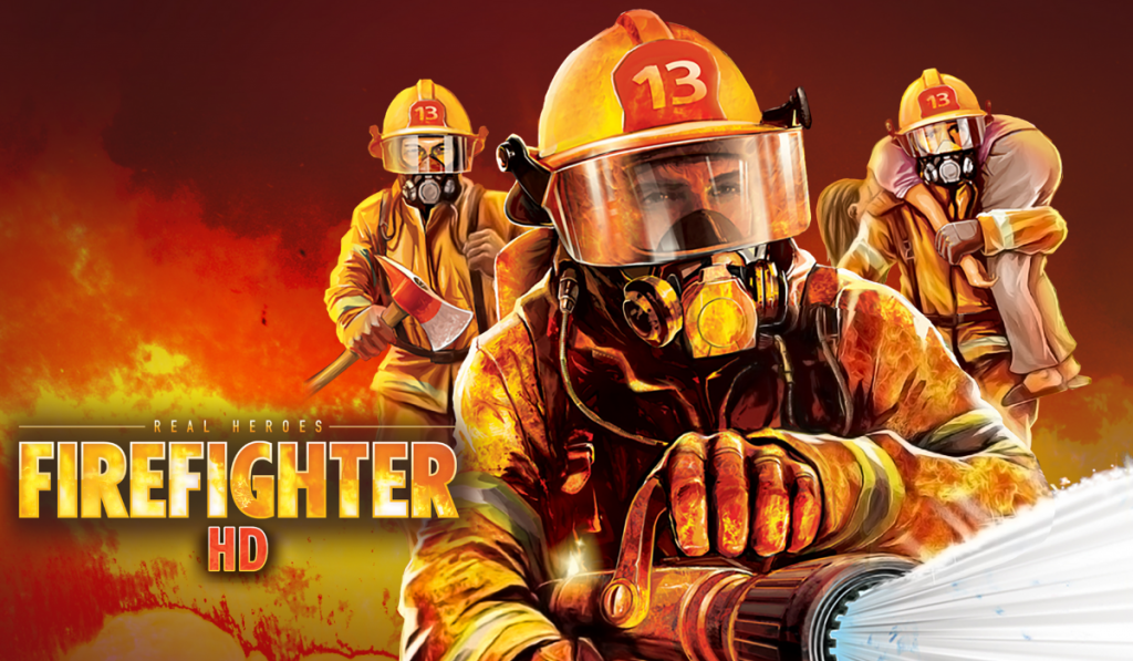 Firefighters in action with equipment, against a fiery backdrop, "Real Heroes: Firefighter HD" text visible.