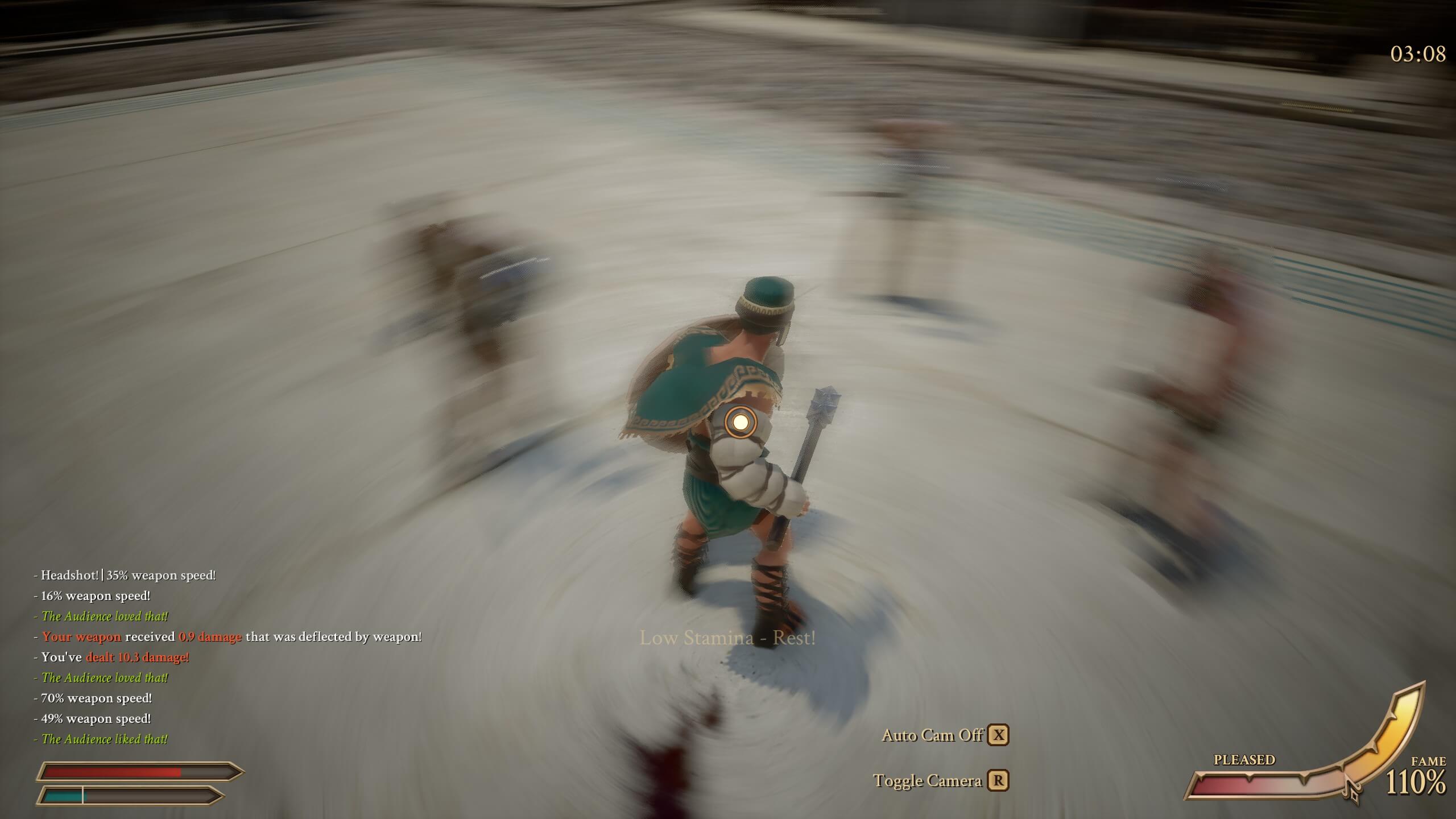 A blurred action scene from We Who Are About To Die with a spinning character in an arena.