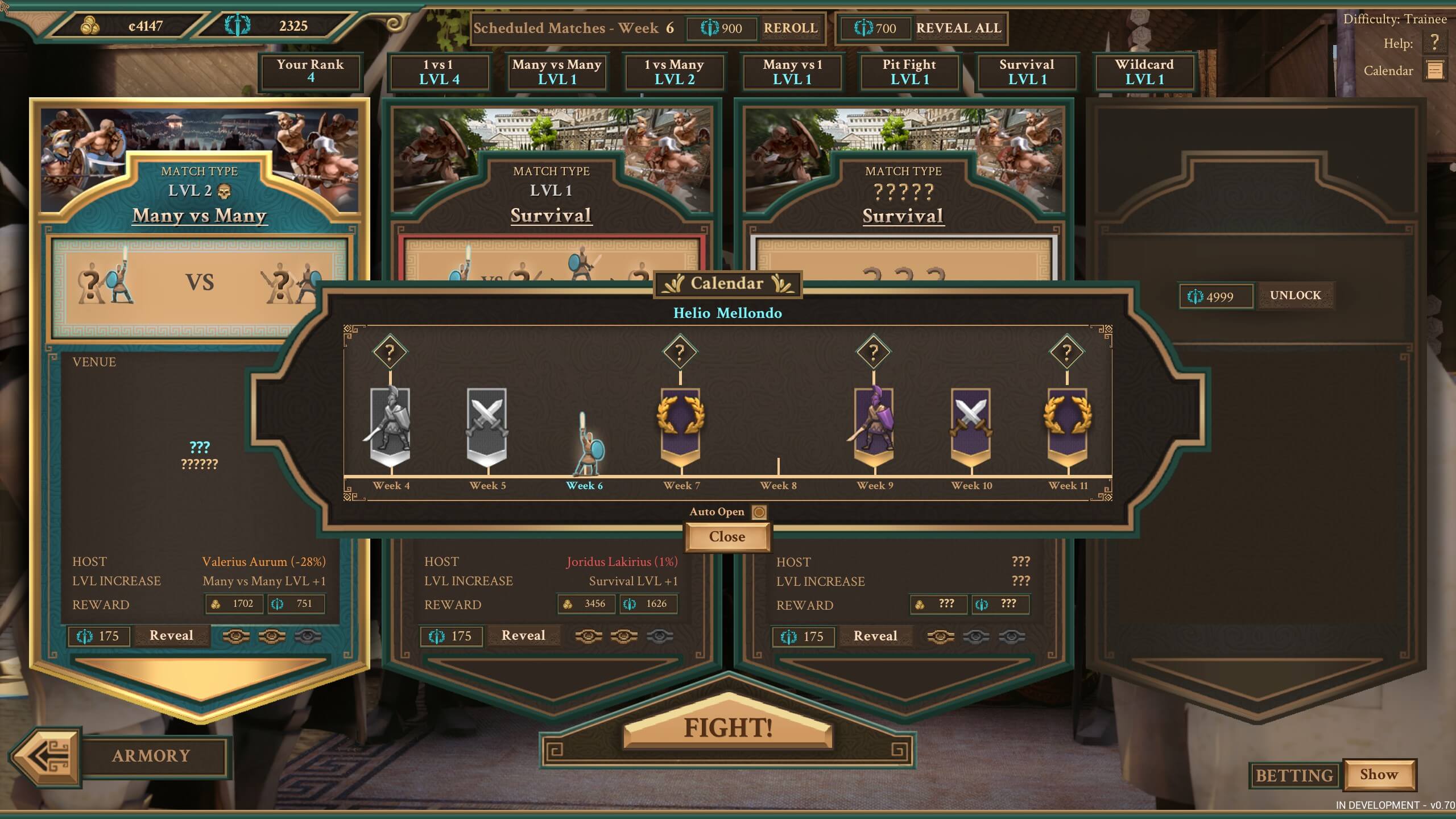 Screenshot of We Who Are About To Die interface showing gladiator match schedules and rewards with a "Fight" button.