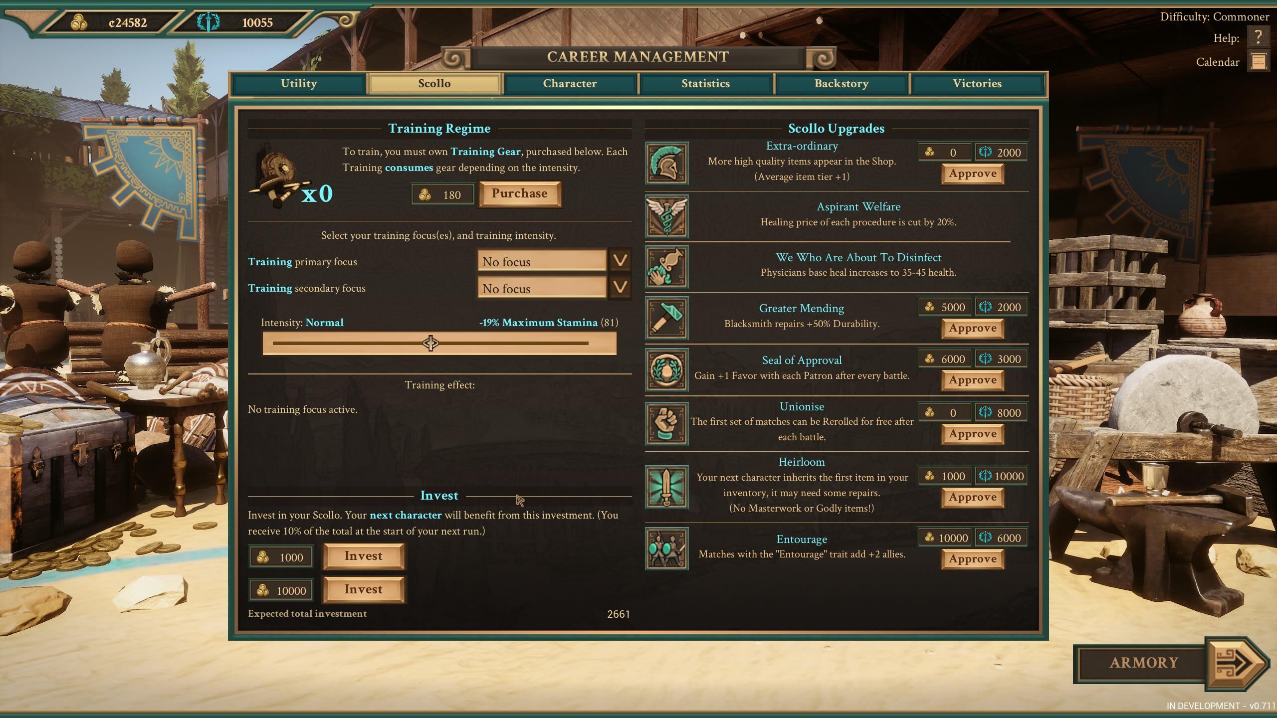 A screenshot of aWe Who Are About To Die career management interface with various training and upgrade options.
