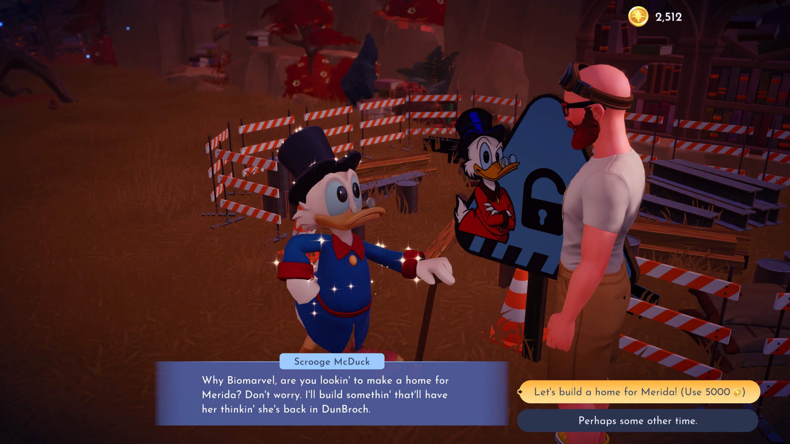 screenshot from the storybook vale showing scrooge demanding money to build meridas house