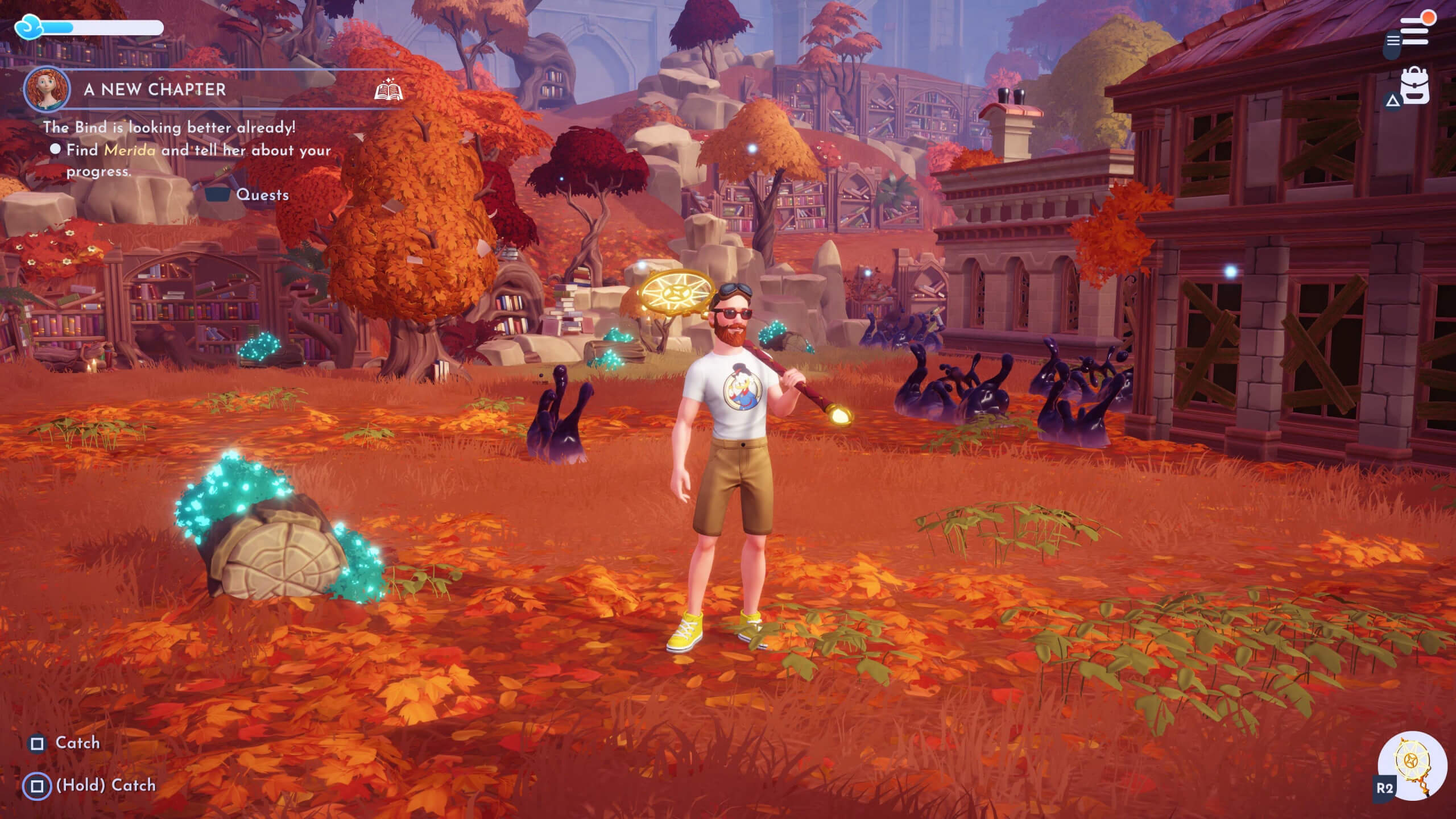 screenshot from the storybook vale showing my character in the middle of an orange grass field with some ruined buildings in teh background. 