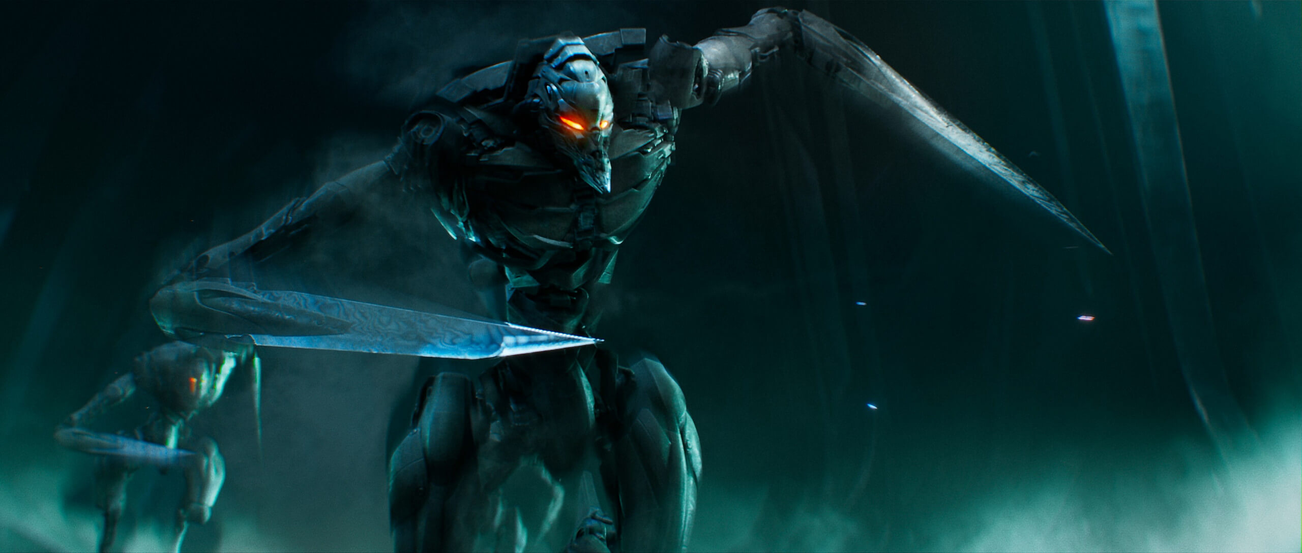 2 hulking humanoid, technological constructs with large, bladed arms and glowing orange eyes rushing towards camera.