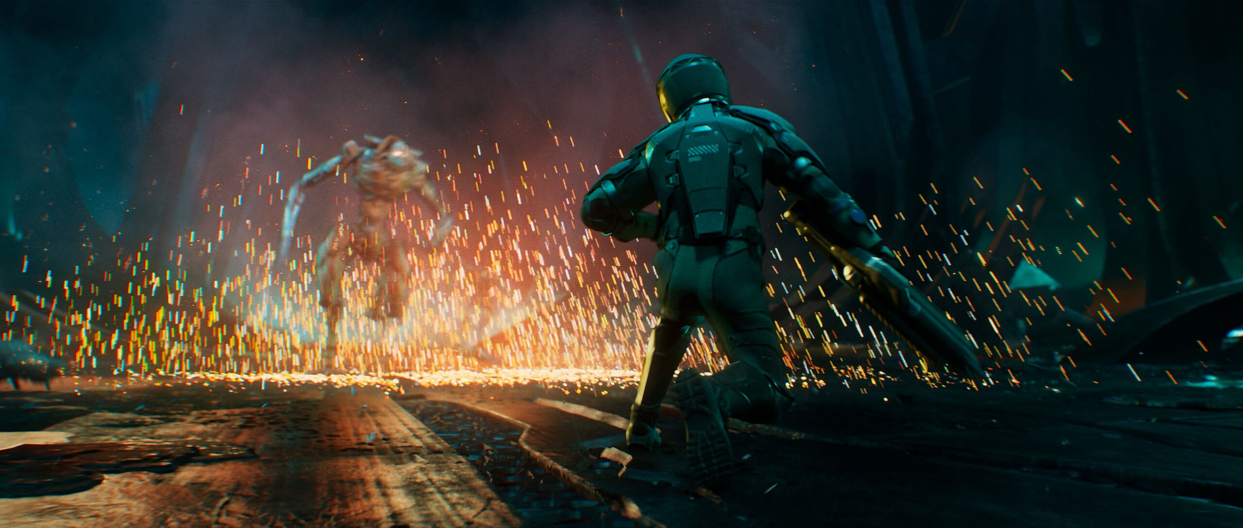 A large enemy construct can be seen running through glowing sparks, towards a human. The human appears to be caught off guard by the advancing monstrosity.