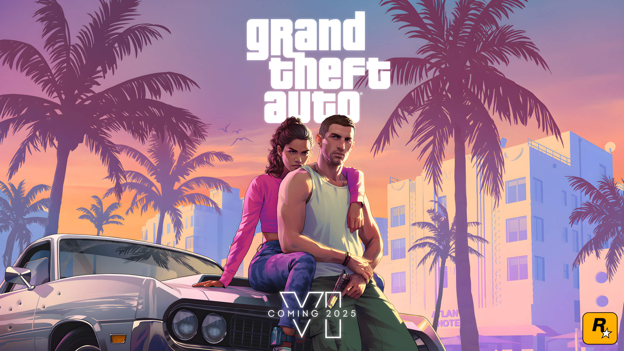 Primary art image for GTA 6 showing protagonist Lucia and her male partner with sitting on the front of a car with a Florida landscape in the background