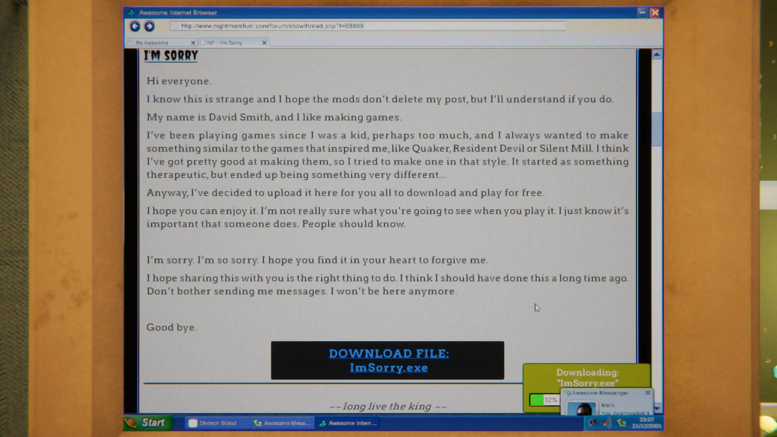An old computer screen displaying a forum post with an apology and a link to download a file named "ImSorry.exe".