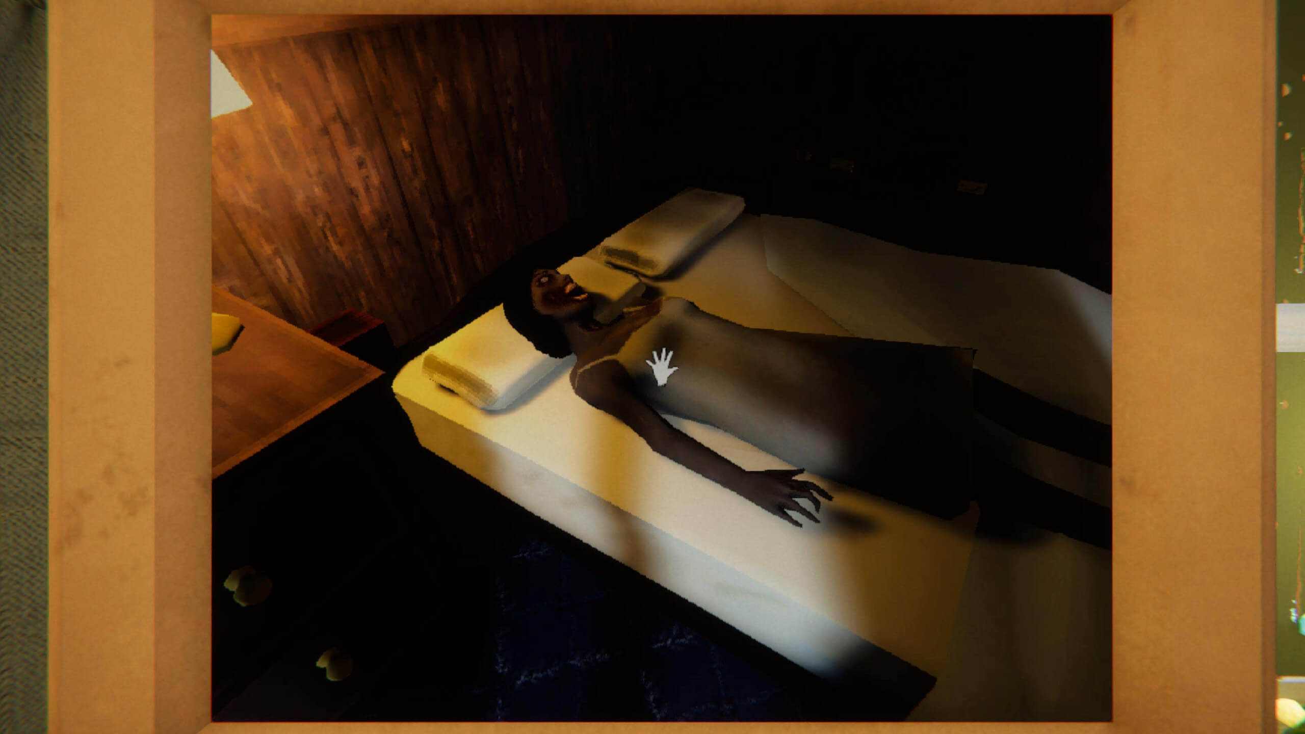 3D rendering of a person lying on a bed, viewed from above, with a cursor icon on their chest.