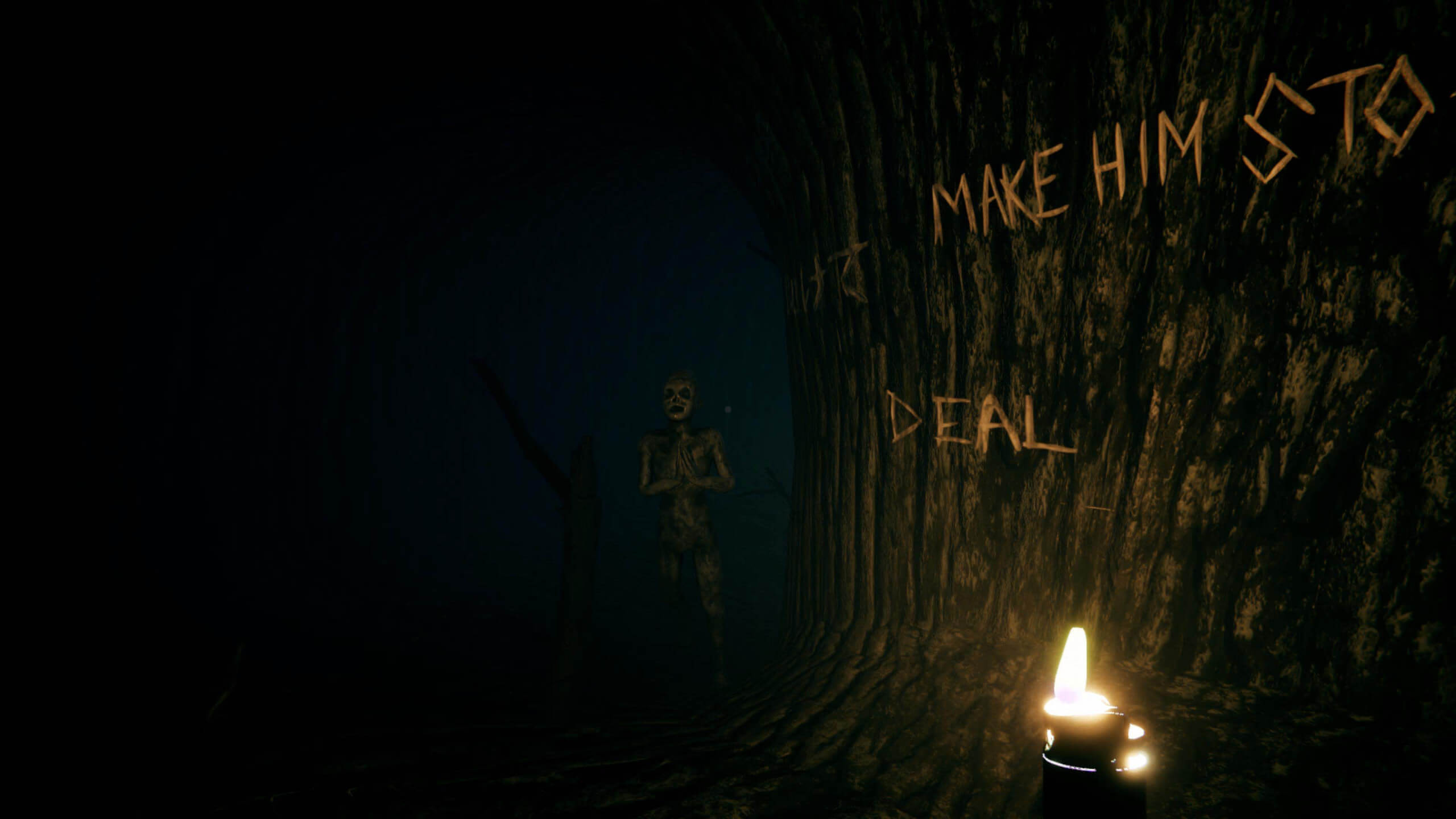 A creepy, dimly-lit tunnel with eerie messages on the walls and a silhouetted figure in the distance.
