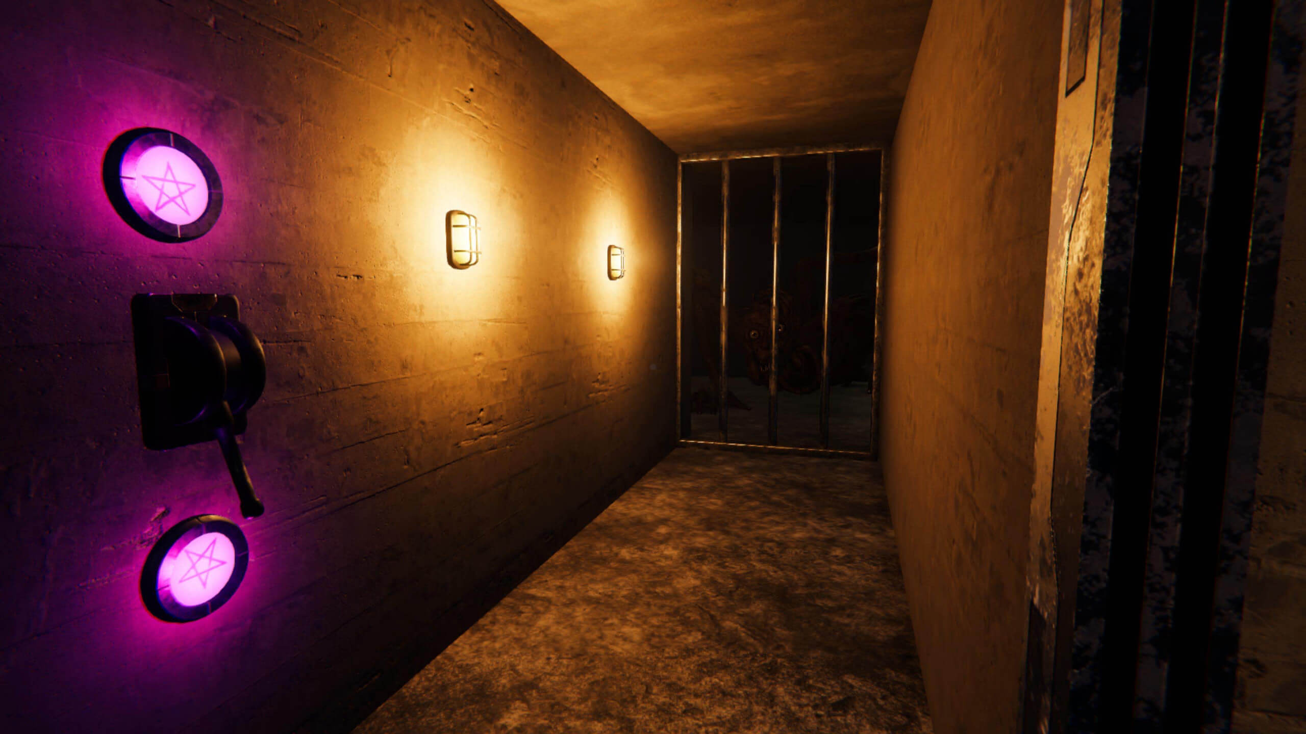 Dimly lit hallway with purple-lit pentagram on wall and barred window revealing darkness. There is a monster on the other side of the bars watching the player