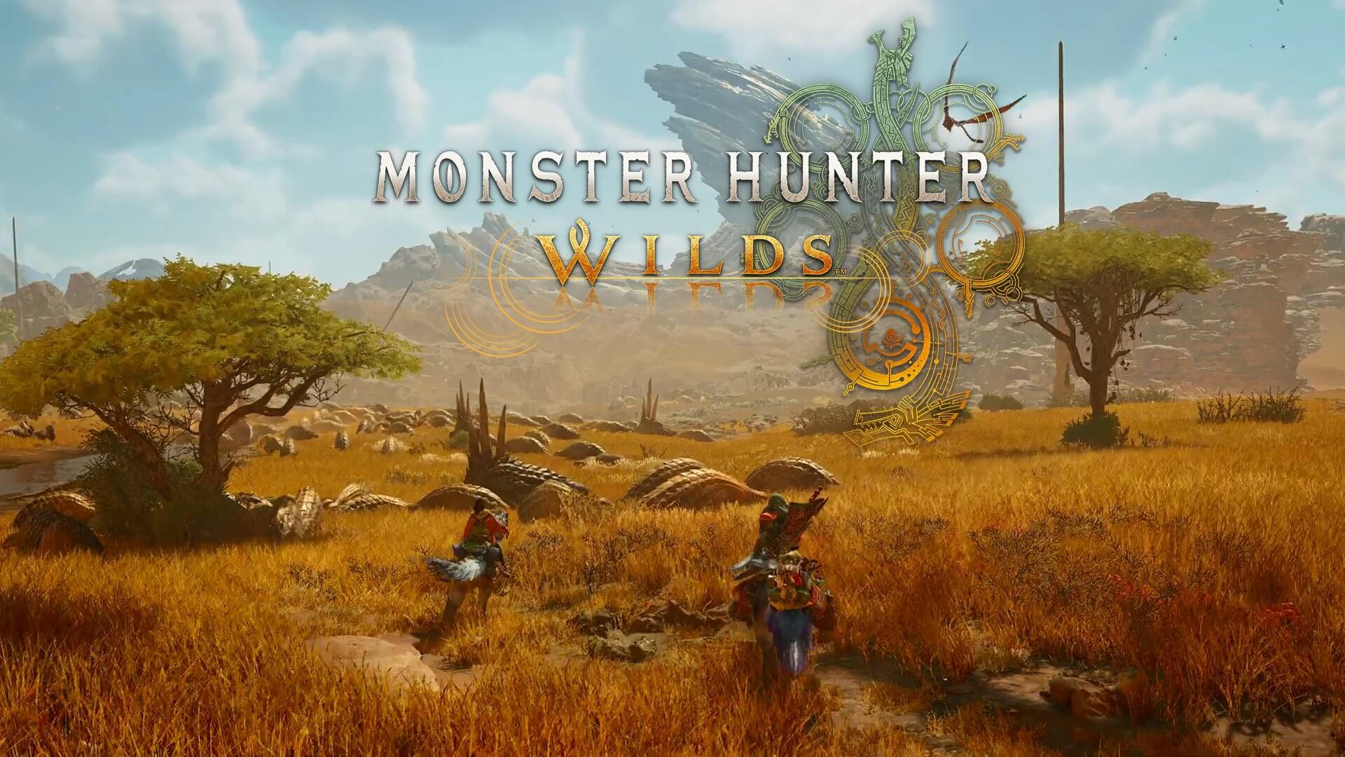 A scene of 2 monster hunters approaching a monster in a Savannah/prairie type environment with their mounts seemingly on a hunt