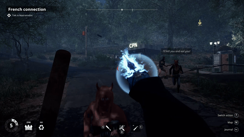 Fighting several people wearing red ski mask with devil horns. I hit them with a bat a couple times and then one flinches while another rushes me. A burst of blue comes from the right glove while charging it.