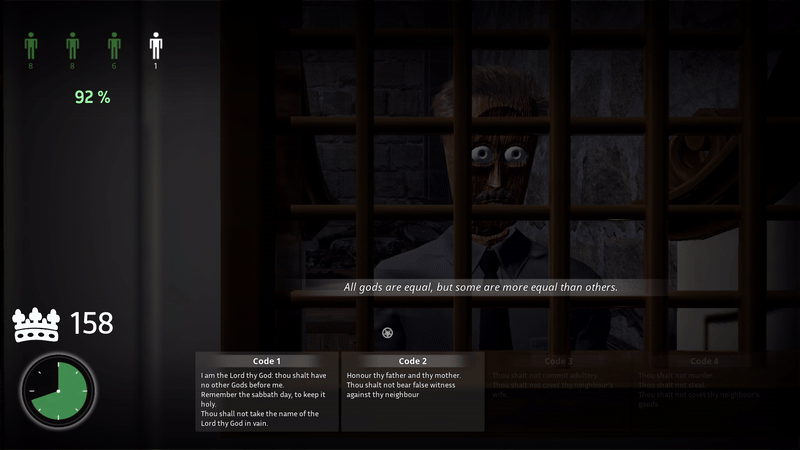 A mini-game for the confessional. Dialogue appears and I click on the one It best suited for. The card turns green when correct. The man behind the bars is said person given the statement. He appears to be made out of wood.