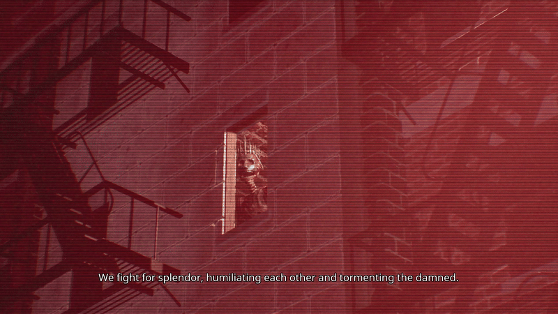 Camera moves right from a window of an onlooker staring at a man on a building with folded arms. The camera zooms closer to show the person who is wearing a cap, shirt, and jeans.