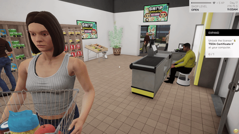 A gif of me in the corner watching the customers gather there items, then go to the check-out. Some of the customers are leaving while others are just arrive.