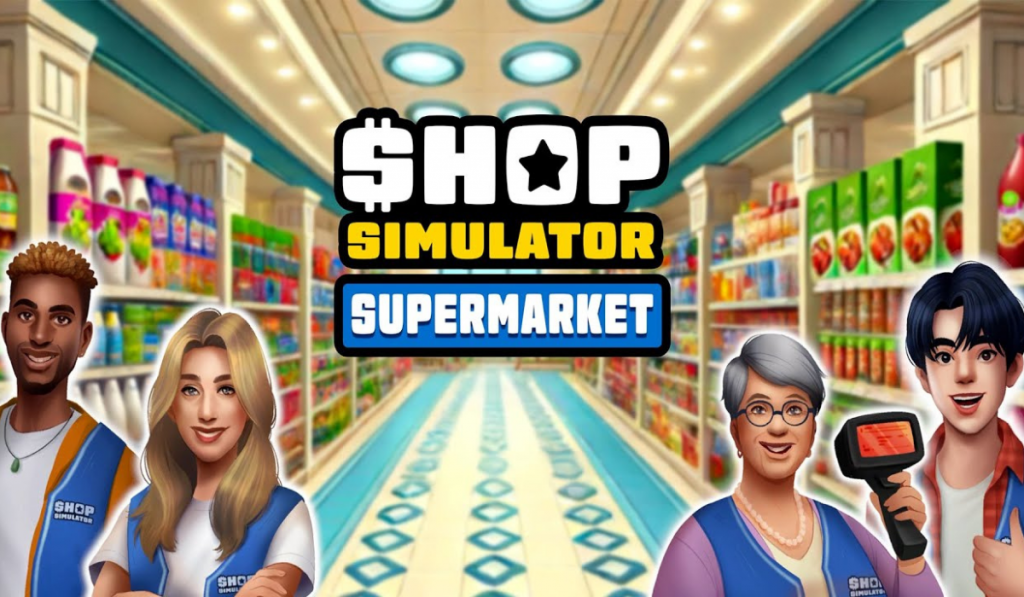 The background of the image is a view of the entrance to a supermarket from the insides, with shelves full of cereals and other food items on either side. Infront of this are four smiling people, two standing on the left, and two on the right. At the front of it all are the words Shop Simulator Supermarket, with a dollar sign for the S of the word shop.