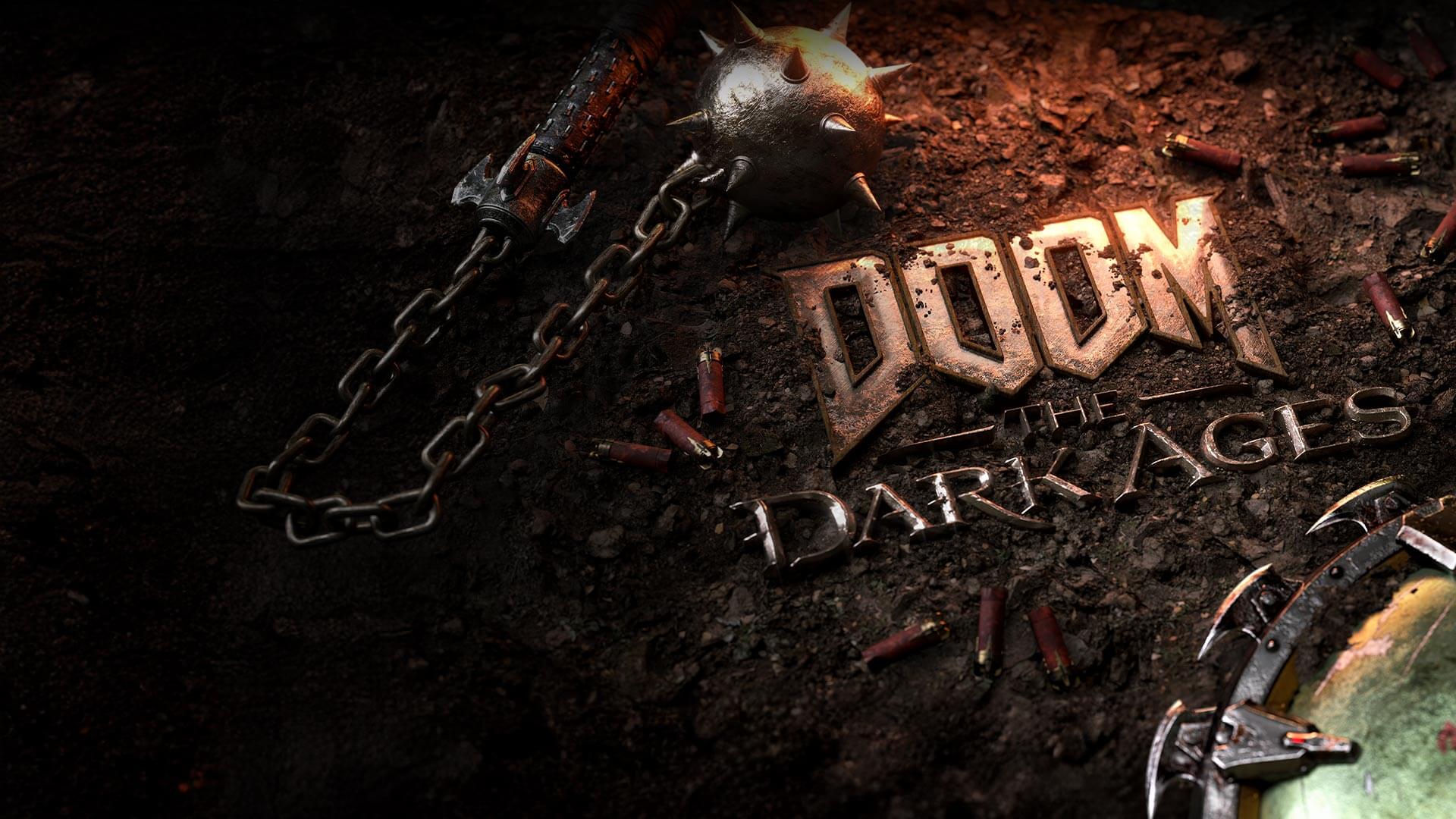 A scene showing a medieval mace, numerous shotgun shells and shield and the game's title printed on the ground