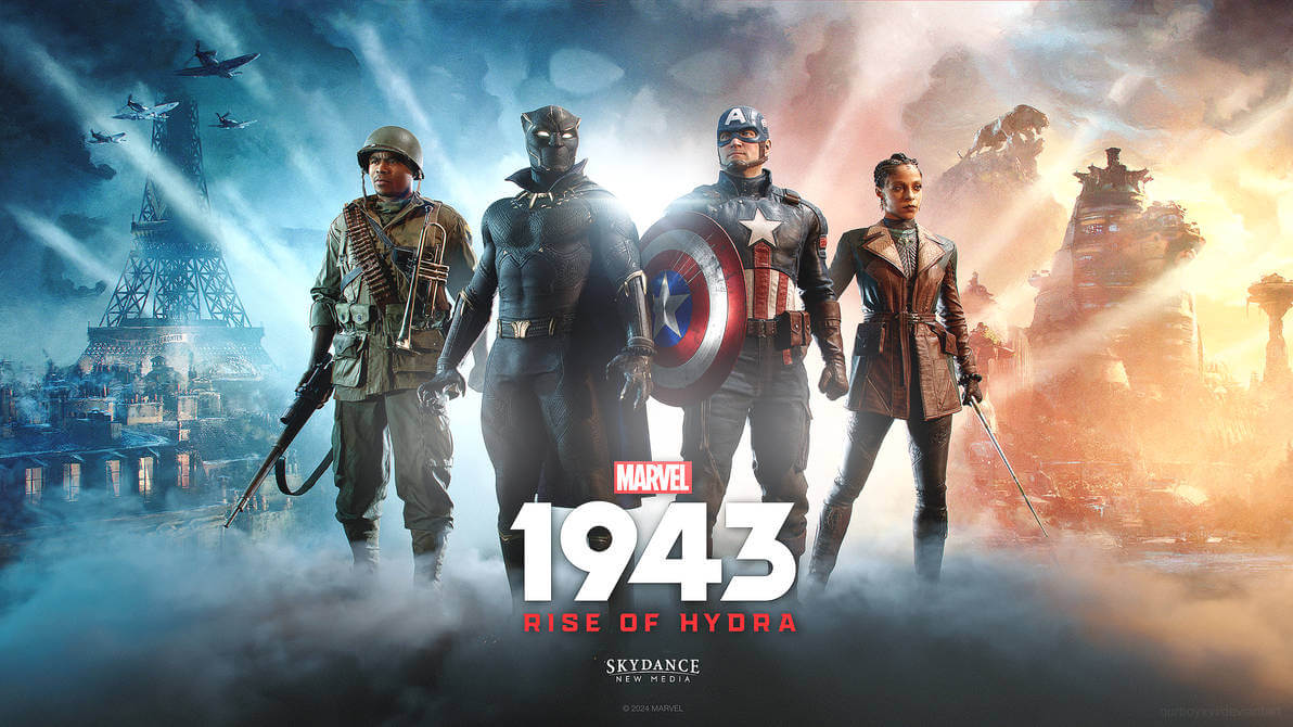 A cinematic image with Howling Commando Gabriel Jones, Black Panther, Captain America and Wakandan spy Nanali with WWII Paris at night on the left and day time Wakanda on the right