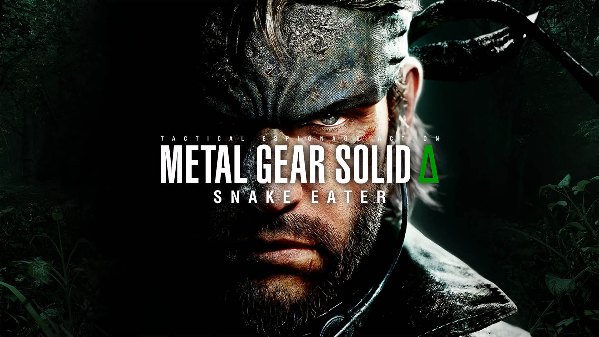 A close up image of Snake in his military camo gear splattered with mud from a dark jungle