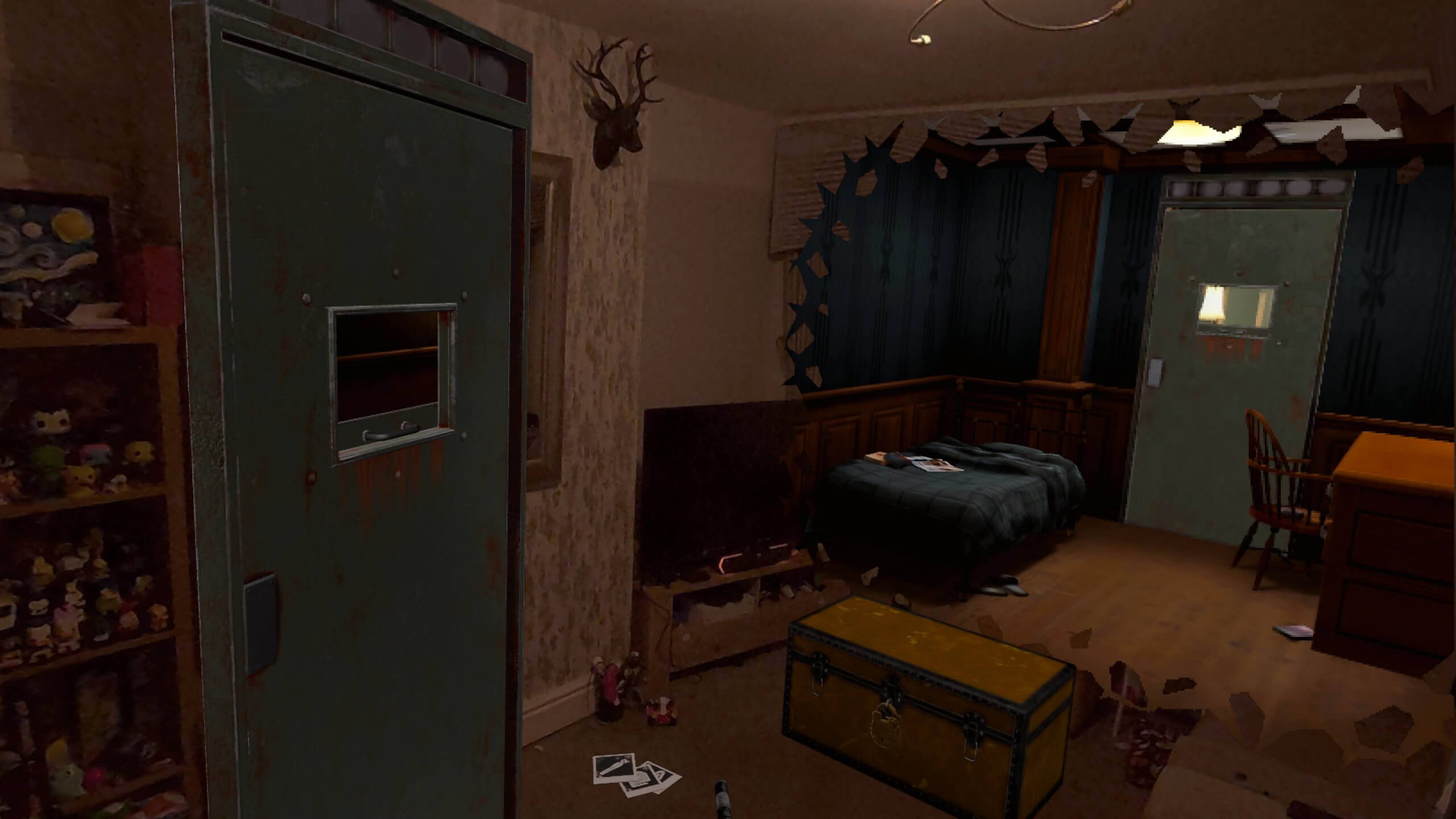 screenshot from Shattered showing the mixed reality game in action. Items within my front room and the memory fragment towards teh back of the room