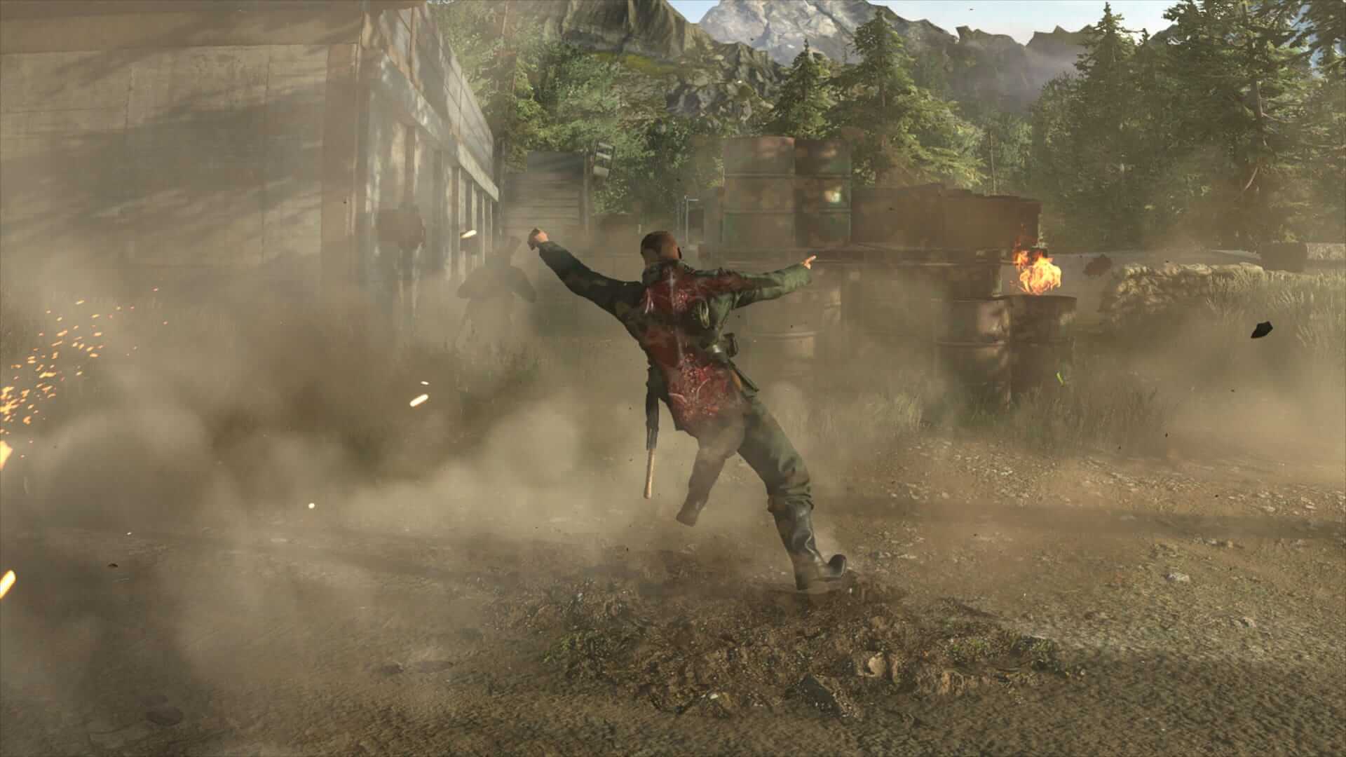 A nazi soldier who has just been shot, is flailing in a dust filled enviroment, the x ray vision shows his internal organs