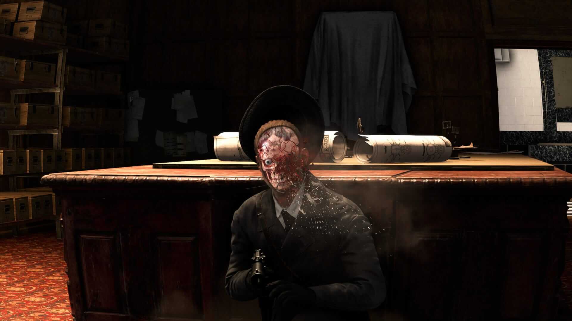 an x ray cam kill of a gestapo officer, one eye is missing with a bloom of viscera there instead