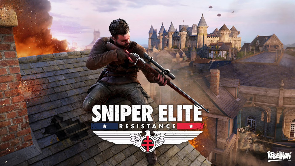 The Sniper Elite: Resistance keyart featuring a man with brown hair and beard aiming a sniper towards the ground. he is crouched on a rooftop with a castle in the background