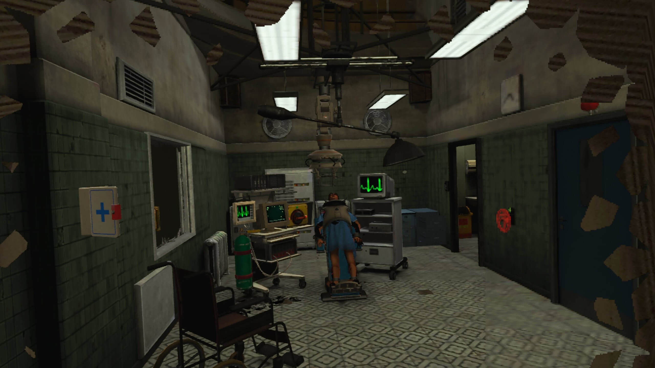 screenshot from Shattered showing a room with someone on a medical contraption in a medical theatre