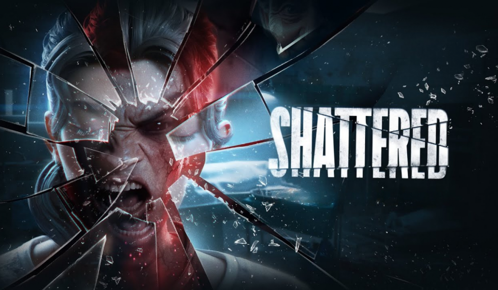 key art for Shattered the mixed reality game. shows a characters face bursting through glass