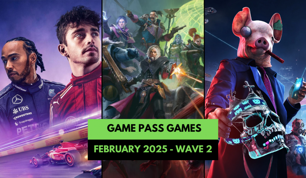 A splash image showing the three games coming to Game Pass in February's second wave.