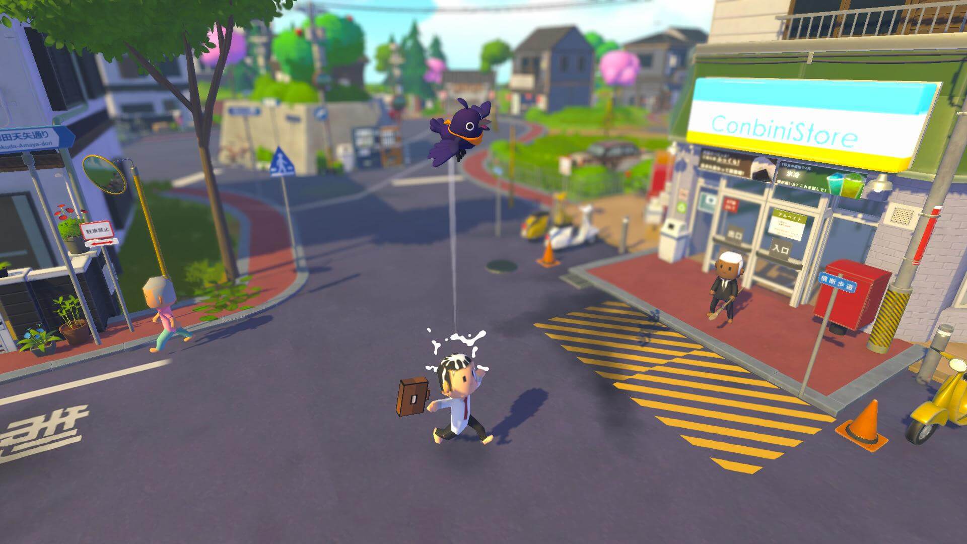 Screenshot from Just Crow Things showing the player character, a small, cartoon, black crow, pooping on the head on a cartoon businessman. 