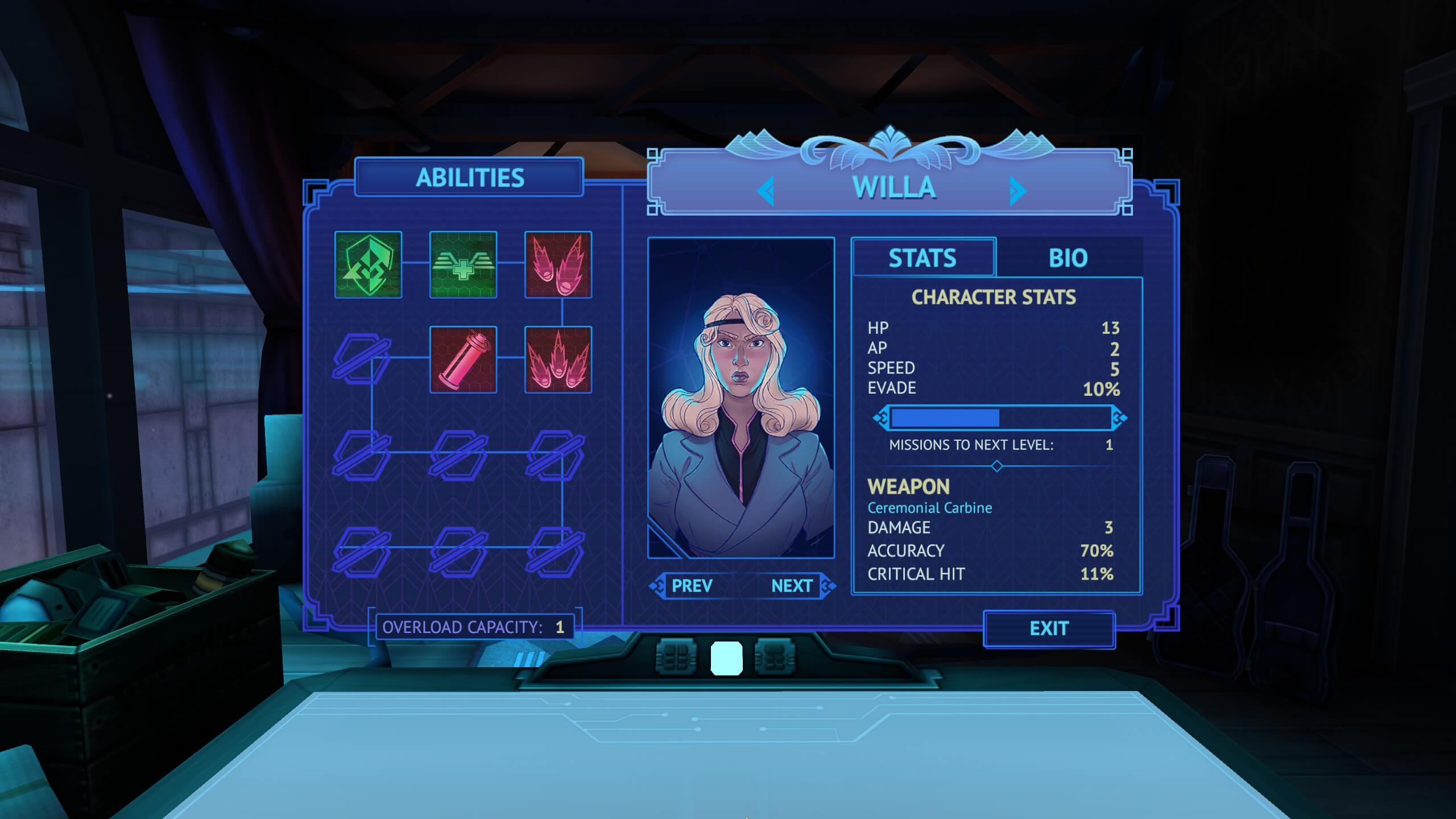 Augmented Empire character named Willa is displayed on a screen, with various stats and abilities shown. The character is wearing a suit and has a ponytail. The game is set in a futuristic environment, and the character is ready for action. The screen is filled with different elements, including a map, a weapon, and a critical hit. The overall atmosphere is engaging and exciting, as players are about to embark on a thrilling adventure.