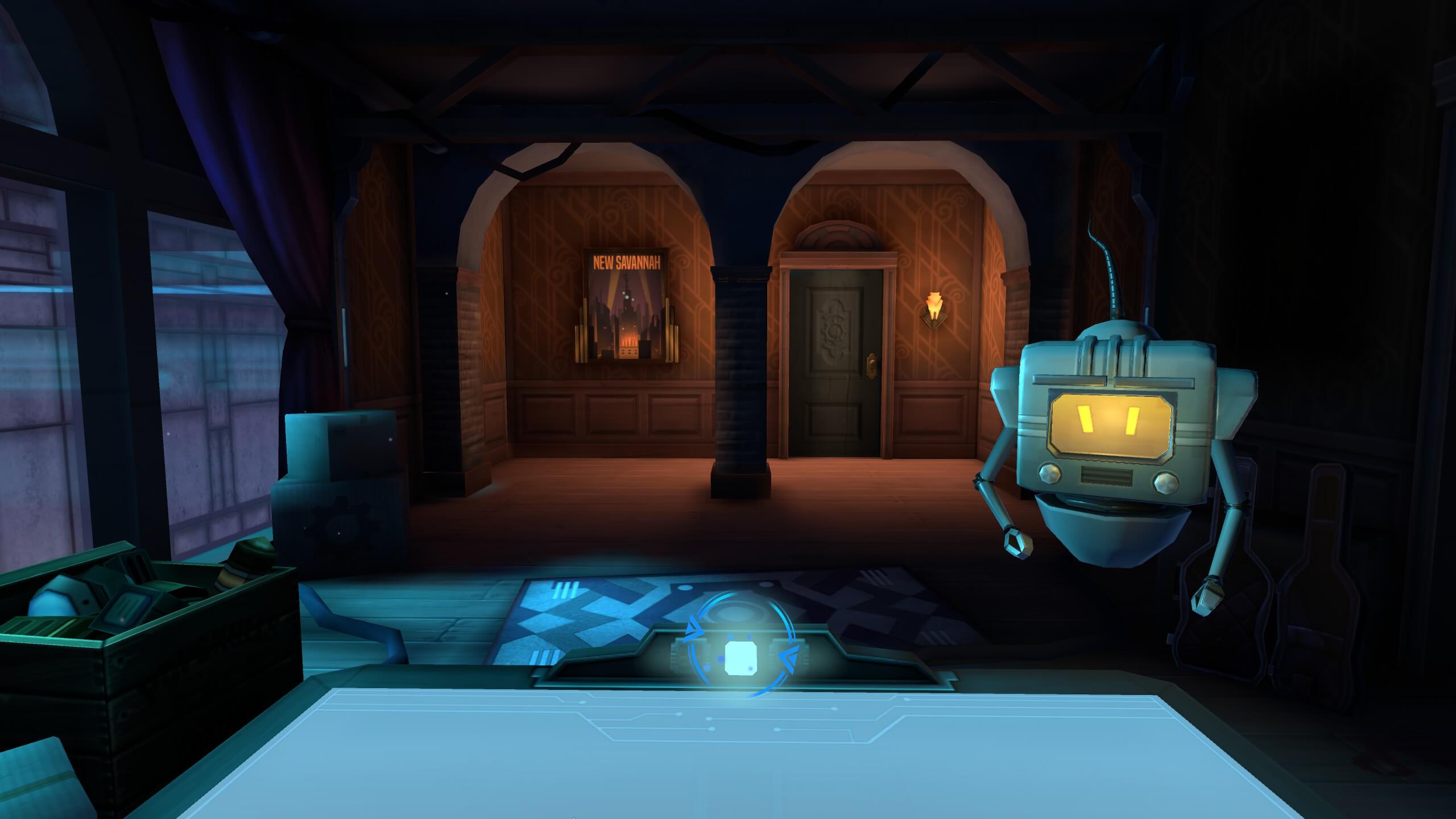 Augmented Empire, Hartman stands in a dimly lit room, its glowing eyes illuminating the space. The room features a doorway and a clock on the wall, creating a mysterious atmosphere. The robot appears to be the main focus of the scene, drawing the viewer's attention with its unique design and presence.