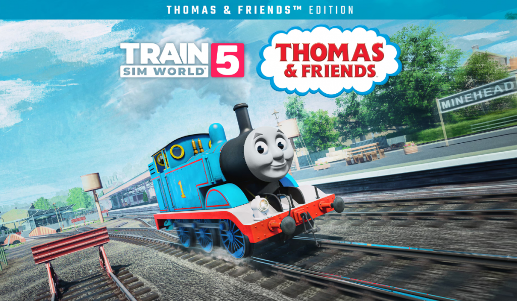A vibrant illustration of Thomas the Tank Engine navigating tracks in a scenic setting, promoting Train Sim World 5: Thomas & Friends Edition.