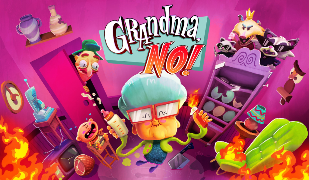 A whimsical cartoon scene featuring a mischievous grandma amidst chaos, with flames, quirky characters, and the title "Grandma, NO!" prominently displayed.