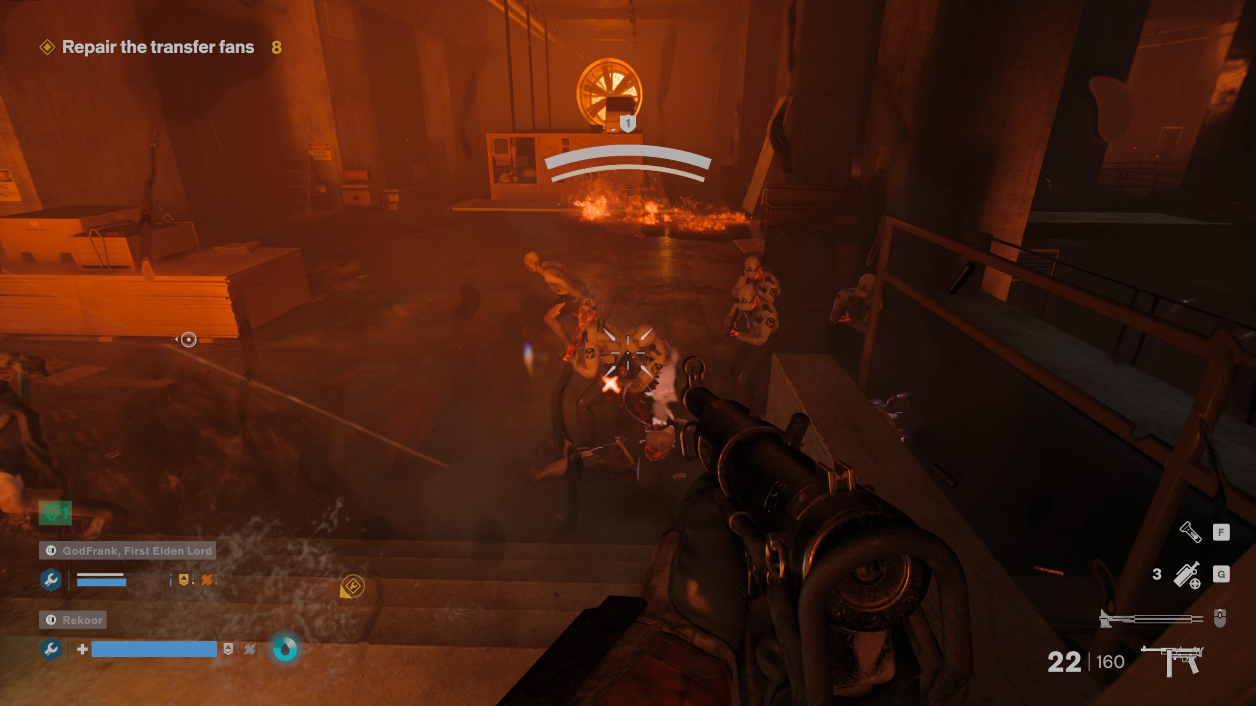 A first-person shooter scene with a player aiming a weapon at zombie-like enemies in a smoky, red-lit environment.